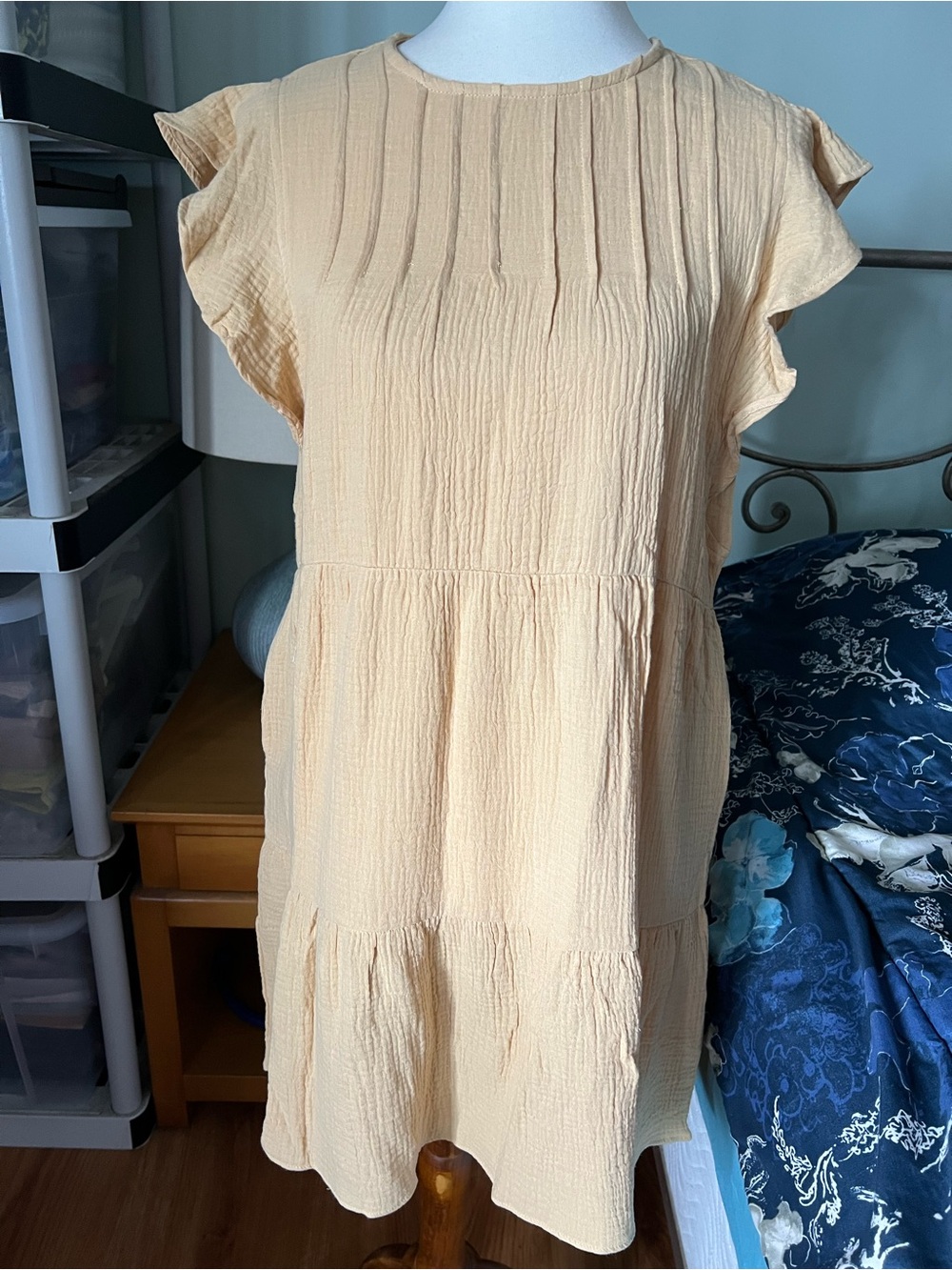 Vanilla Bay Mustard Yellow Cotton Ruffle Sleeve Textured Tiered Midi Dress